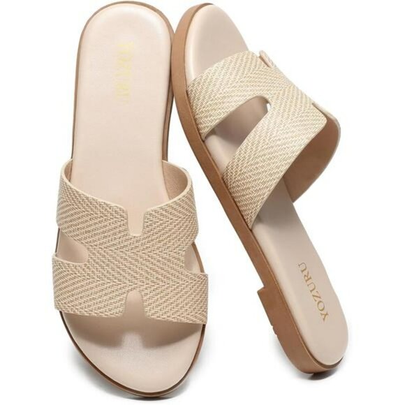 Womens Flat Leather Sandals Open Toe Slip On Summer Slides Casual Comfort - Picture 1 of 7